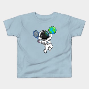 Cute Astronaut Playing Earth Globe Tennis Cartoon Kids T-Shirt